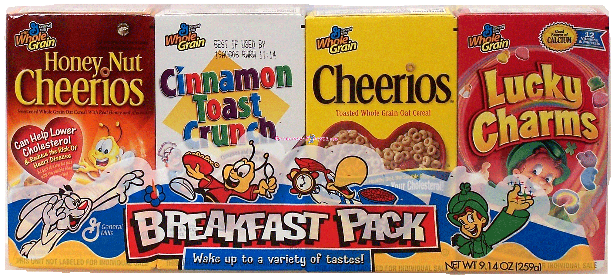 General Mills Breakfast Pack variety pack, cheerios, lucky charms, cinnamon toast crunch, trix, golden grahams, cooca puffs, 8-ct Full-Size Picture